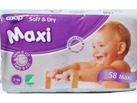 COOP Soft&Dry vienkartinės sauskelnės MAXI, 4 dydis (7-16kg), 58vnt |  Foxshop.lt