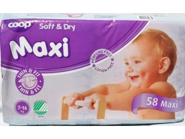 COOP Soft&Dry vienkartinės sauskelnės MAXI, 4 dydis (7-16kg), 58vnt