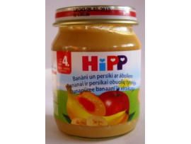 HiPP bananai ir persikai obuolių tyrelėje kūdikiams nuo 4 mėn., neto masė 125g