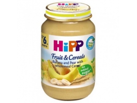 HiPP BIO bananų ir kriaušių tyrelė su grūdais, kūdikiams nuo 6mėn., neto masė 190g