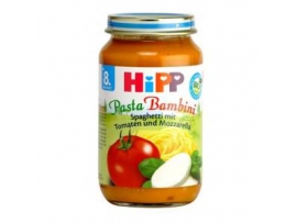 HiPP BIO daržovės su spageti ir mocarella sūriu, kūdikiams nuo 8 mėn., neto masė 220g
