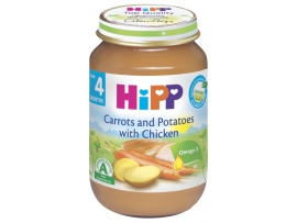 HIPP BIO Morkų ir bulvių tyrelė su vištiena, kūdikiams nuo 4 mėn, neto masė 190g