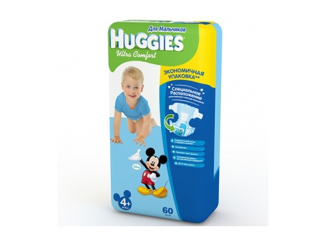 HUGGIES Ultra Comfort sauskelnės berniukams 4+ dydis (10-16kg) MEGA pakuotė  60 vnt. | Foxshop.lt