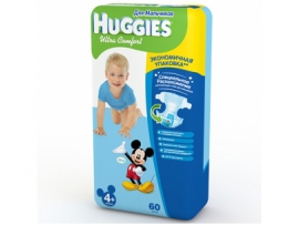 HUGGIES Ultra Comfort sauskelnės berniukams 4+ dydis (10-16kg) MEGA pakuotė 60 vnt.