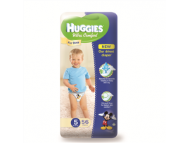 HUGGIES Ultra Comfort sauskelnės berniukams 5 dydis (12-17kg) MEGA pakuotė 56 vnt.