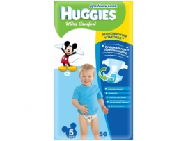 HUGGIES Ultra Comfort sauskelnės berniukams 5 dydis (12-17kg) MEGA pakuotė 56 vnt.
