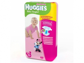 HUGGIES Ultra Comfort sauskelnės mergaitėms 4+ dydis (10-16kg) MEGA pakuotė 60vnt.