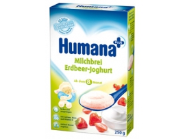 HUMANA pieniška žemuogių košė su jogurtu kūdikiams nuo 8 mėn, neto masė 250g