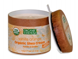 KOVOJANTIS SU SENĖJIMU koncentruotas taukmedžio kremas su vanilės ir apelsinų eteriniais aliejais Organic Essence, 114 g