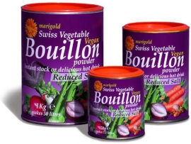 MARIGOLD tirpus šveicariškas daržovių sultinys veganams, silpnai sūdytas (violetinė dėžutė), neto masė 150g