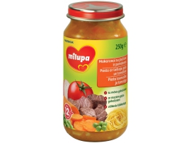 MILUPA makaronai su jautiena ir pomidorais kūdikiams nuo 12mėn, neto masė 250g