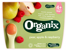 ORGANIX ekologiška kriaušių, obuolių ir aviečių tyrelė, kūdikiams nuo 4 mėn. amžiaus, neto masė 4x100g