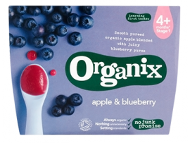 ORGANIX ekologiška obuolių ir mėlynių tyrelė kūdikiams nuo 4 mėn, 4x100g