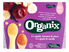 ORGANIX ekologiška obuolių, vanilės tyrelė 2x100g + obuolių, bananų, slyvų tyrelė 2x100g, kūdikiams nuo 4 mėn. amžiaus, neto masė 4x100g