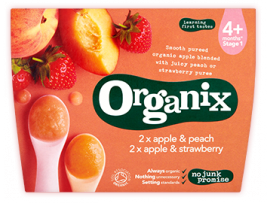 ORGANIX ekologiškas obuolių, persikų tyrelė 2x100g + obuolių, braškių tyrelė 2x100g, kūdikiams nuo 4 mėn. amžiaus, neto masė 4x100g