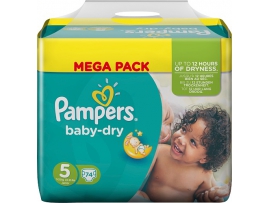 PAMPERS Baby-dry sauskelnės 5 dydis (11-25kg), MEGA pack 74 vnt