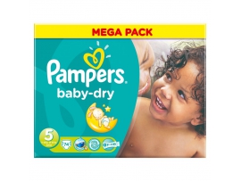 PAMPERS Baby-dry sauskelnės 5 dydis (11-25kg), MEGA pack 74 vnt