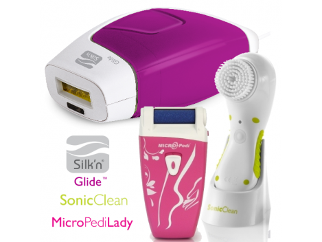 Fotoepiliatorius Silk'n Glide (150.000 blyksnių) + Veido valymo aparatas  Silk'n Sonic Clean + Elektrinis pėdų šveitiklis Silk'n Micro Pedi Lady |  Foxshop.lt